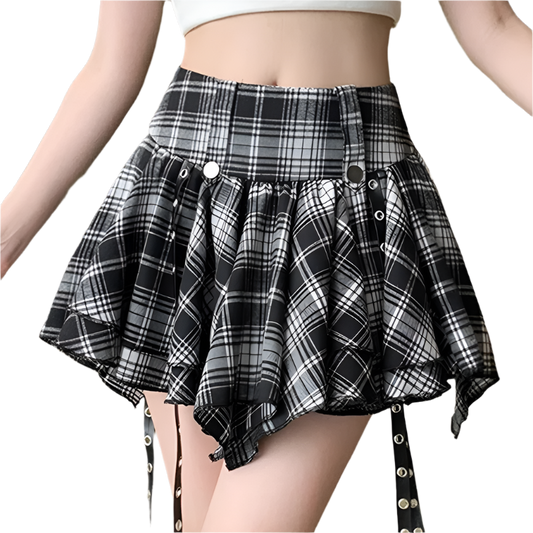 Black and white irregular hem plaid mini skirt with button details by weird0z worn with a white crop top