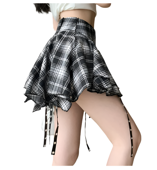 Black and white irregular hem plaid mini skirt with studded straps by weird0z