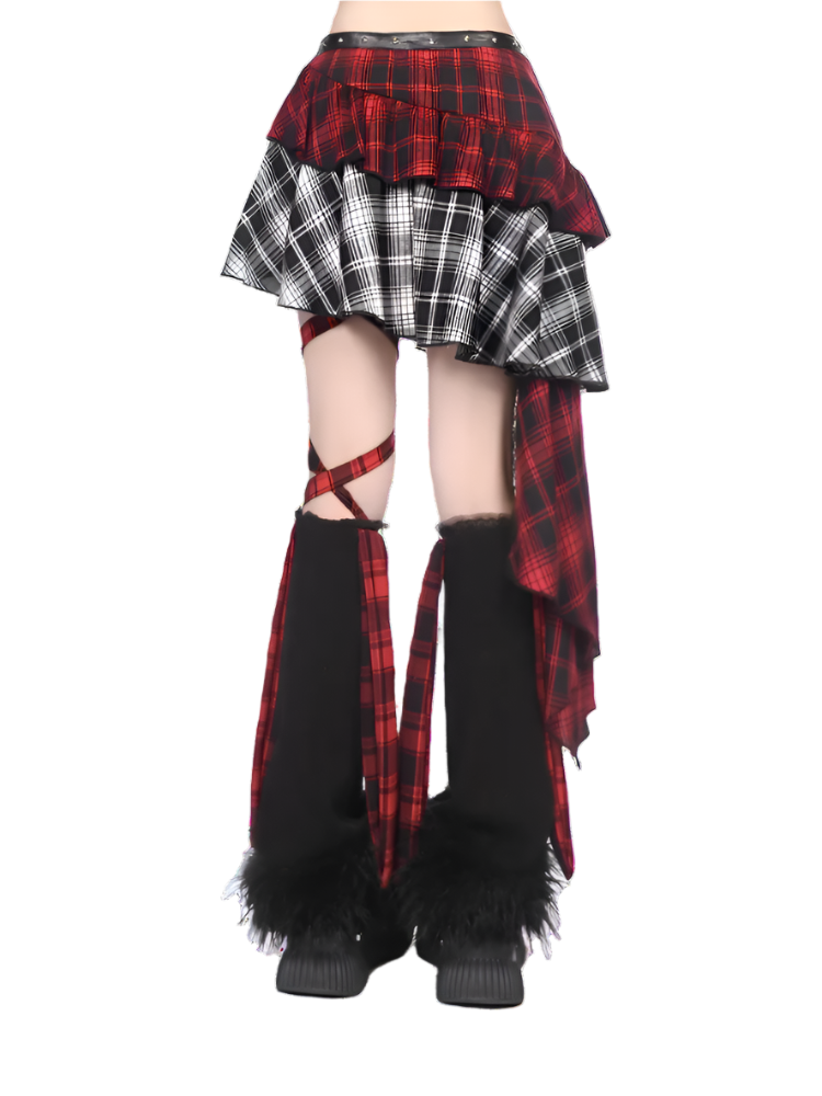 Weird0z irregular plaid skirt with layered red and black and white patterns and asymmetrical hem