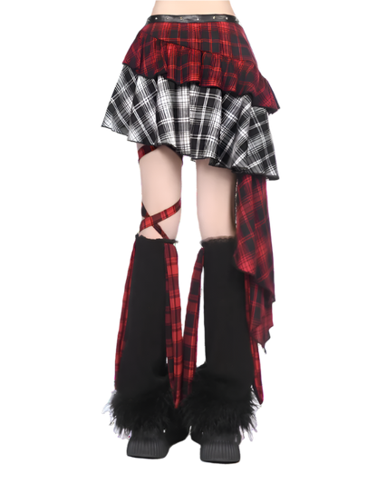 Weird0z irregular plaid skirt with layered red and black and white patterns and asymmetrical hem