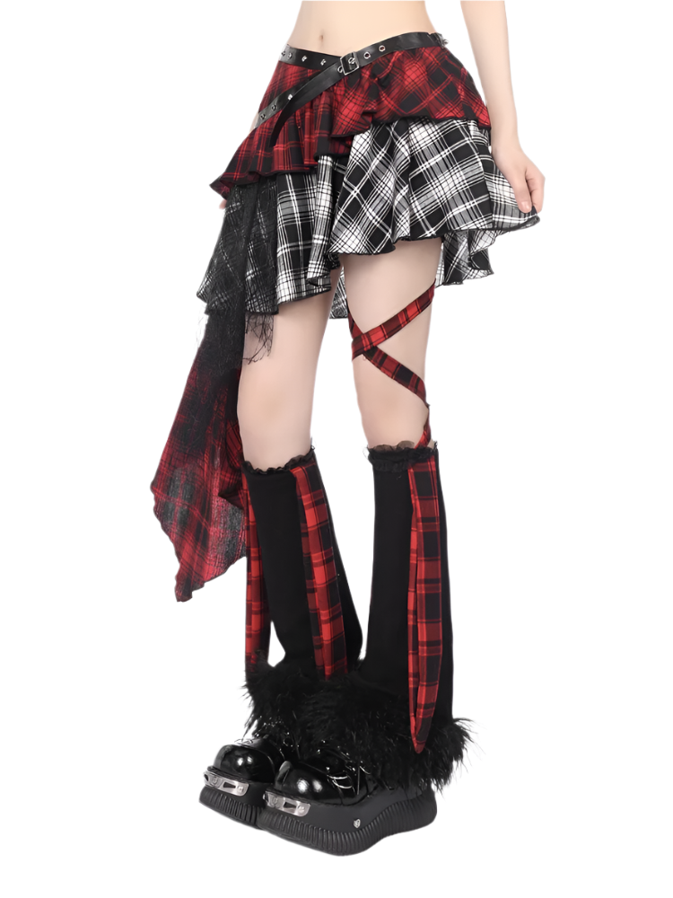 Weird0z irregular plaid skirt with red and black layers, asymmetrical design, and matching leg accessories