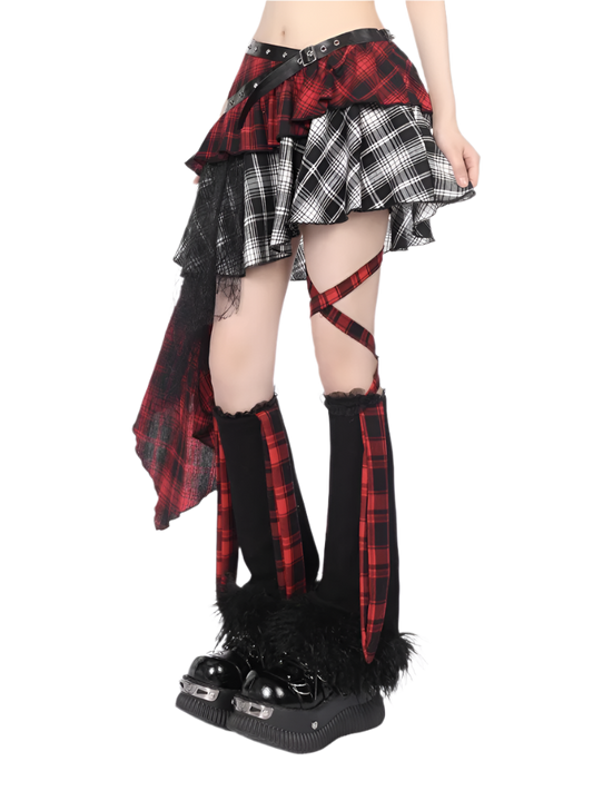Weird0z irregular plaid skirt with red and black layers, asymmetrical design, and matching leg accessories