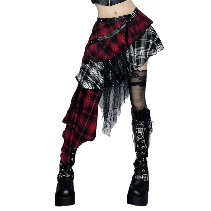Weird0z irregular plaid skirt with layered red and black patterns and asymmetric design paired with black platform boots