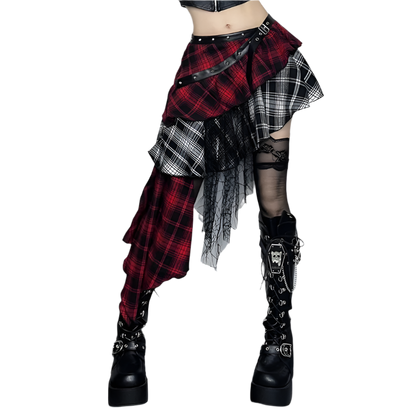 Weird0z irregular plaid skirt with layered red and black patterns and asymmetric design paired with black platform boots
