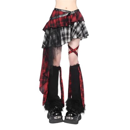 Weird0z irregular plaid skirt with red and black layers, featuring asymmetrical design and edgy belt detail