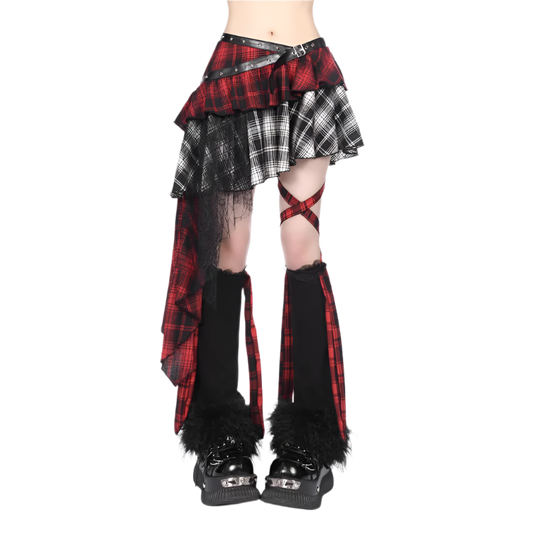 Weird0z irregular plaid skirt with red and black layers, featuring asymmetrical design and edgy belt detail