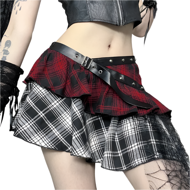 Irregular plaid skirt with layered red and black check patterns styled with a black belt from weird0z