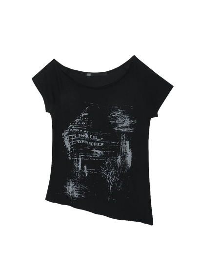 Black off shoulder cyber tee with distressed futuristic graphic design by weird0z