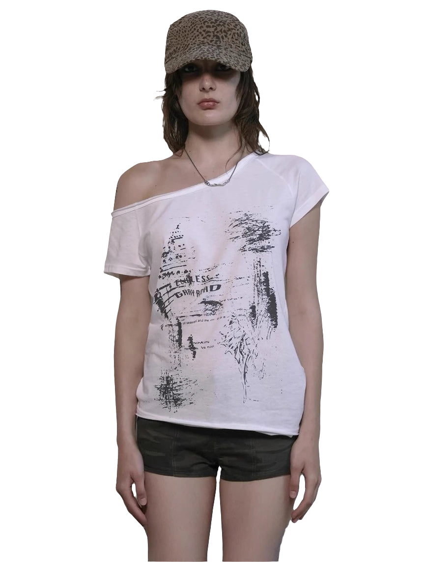 Off shoulder cyber tee by weird0z in white with abstract black print worn with leopard print cap