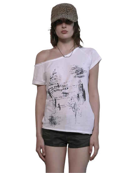 Off shoulder cyber tee by weird0z in white with abstract black print worn with leopard print cap