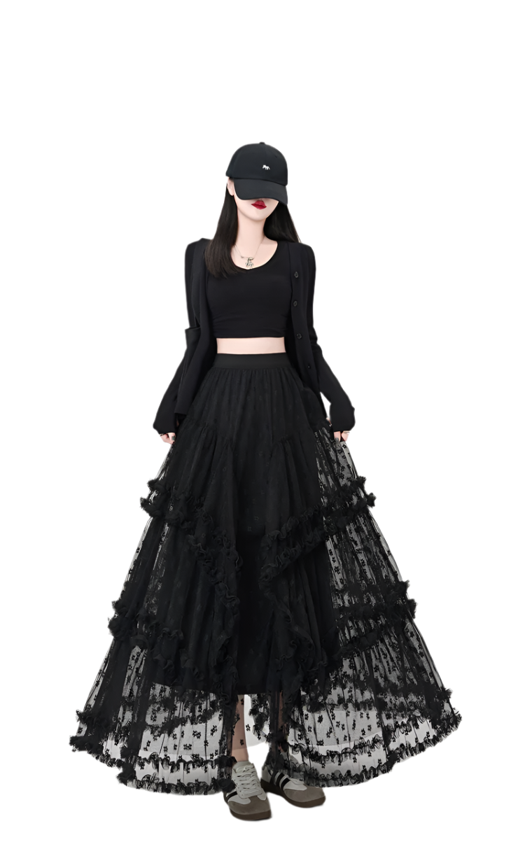 Woman wearing black maxi ruffled lacey skirt with layered design paired with black crop top and sneakers