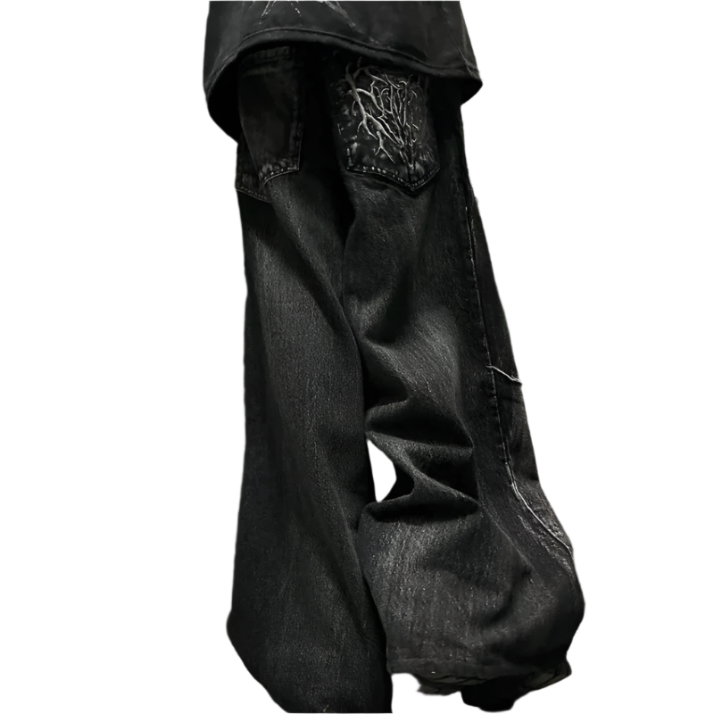 Black spider embroidered jeans with detailed spider web design on back pocket by weird0z