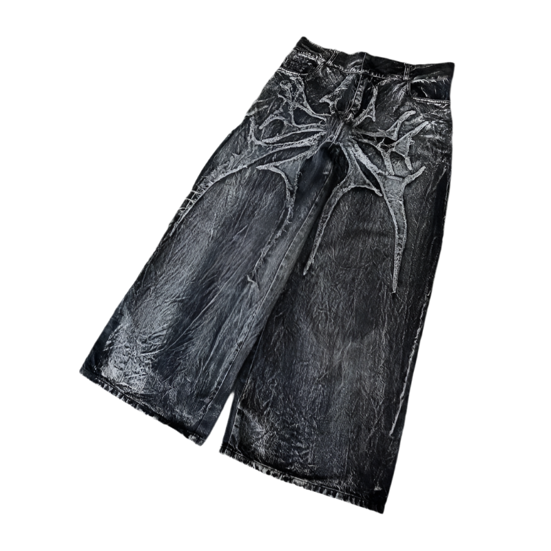 Black spider embroidered jeans with wide legs and textured fabric by weird0z