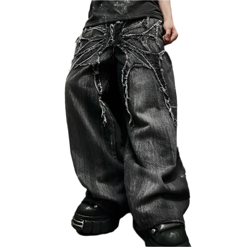 Weird0z black spider embroidered jeans with distressed web design and baggy fit