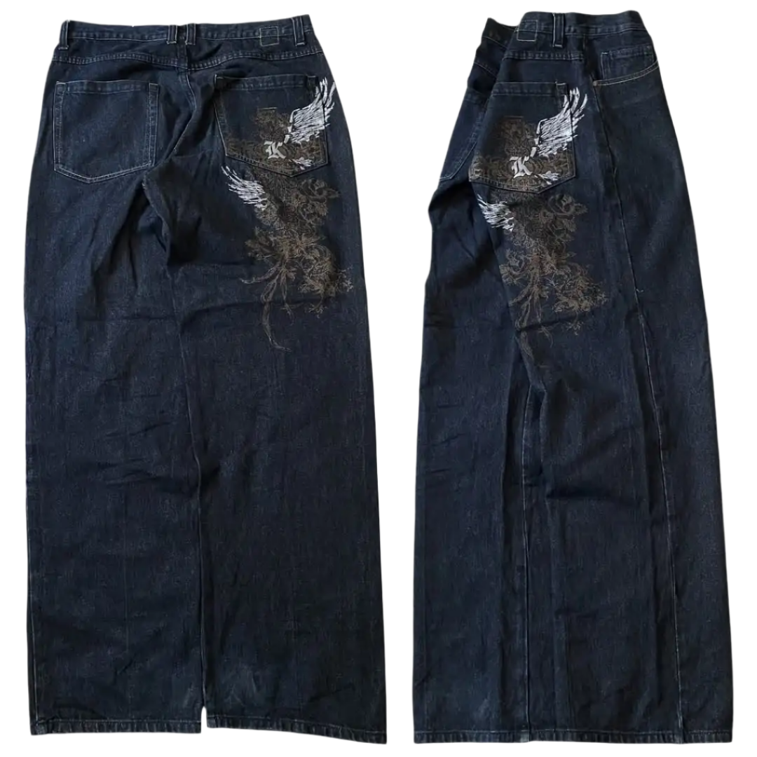 Dark denim women's oversized baggy jeans with wing and floral embroidery on back pocket by weird0z