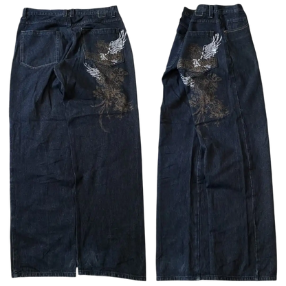 Dark denim women's oversized baggy jeans with wing and floral embroidery on back pocket by weird0z