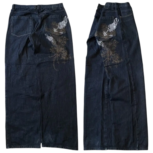 Dark denim women's oversized baggy jeans with wing and floral embroidery on back pocket by weird0z
