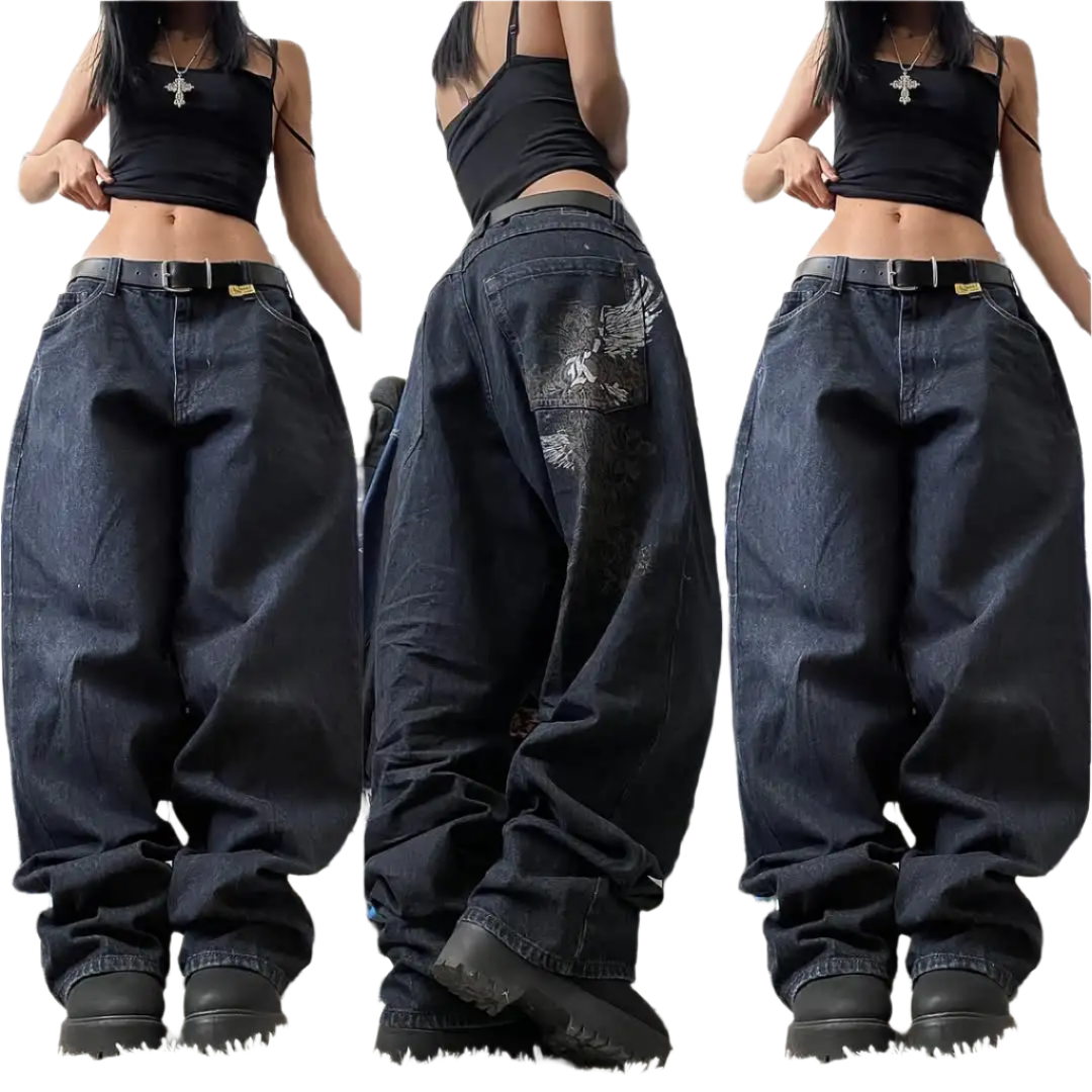 Weird0z women's oversized baggy jeans in black with distressed details worn with black crop top and chunky boots