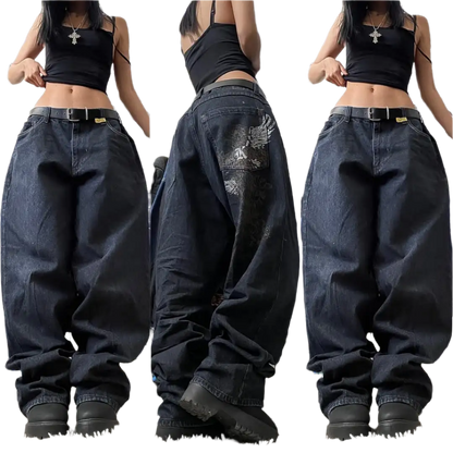 Weird0z women's oversized baggy jeans in black with distressed details worn with black crop top and chunky boots