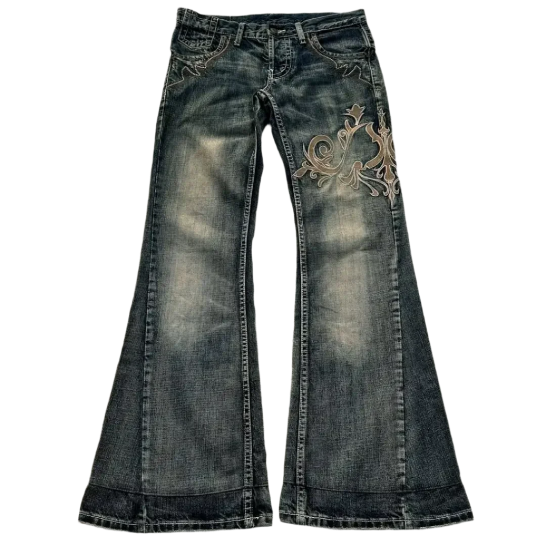 Dark wash women's oversized baggy jeans with floral embroidery and wide flared legs