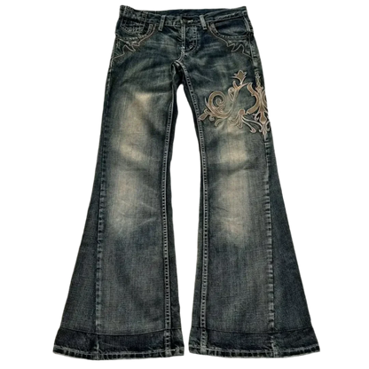 Dark wash women's oversized baggy jeans with floral embroidery and wide flared legs