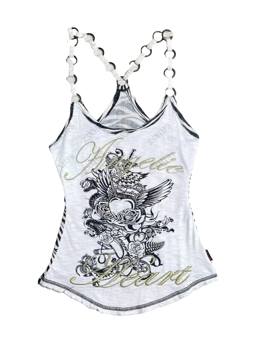 White y2k angelic tank top with black graphic design and decorative straps by weird0z