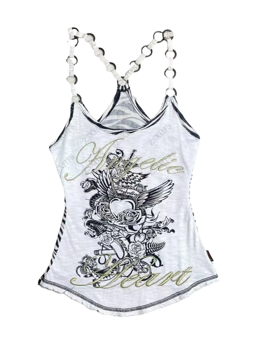 White y2k angelic tank top with black graphic design and decorative straps by weird0z